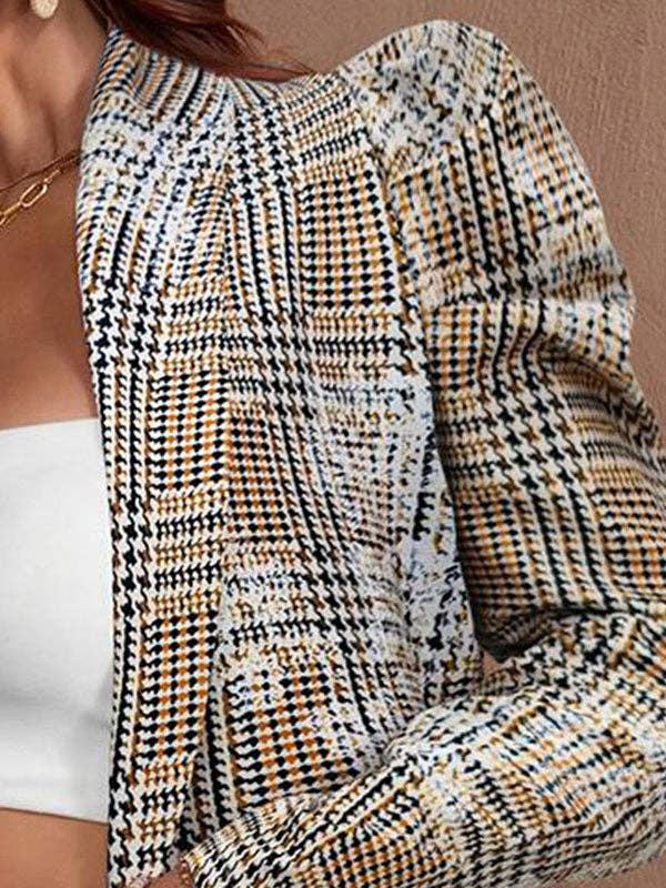 Loose Puff Sleeves Plaid Pleated Split-Joint Lapel Blazer Suits: KHAKI