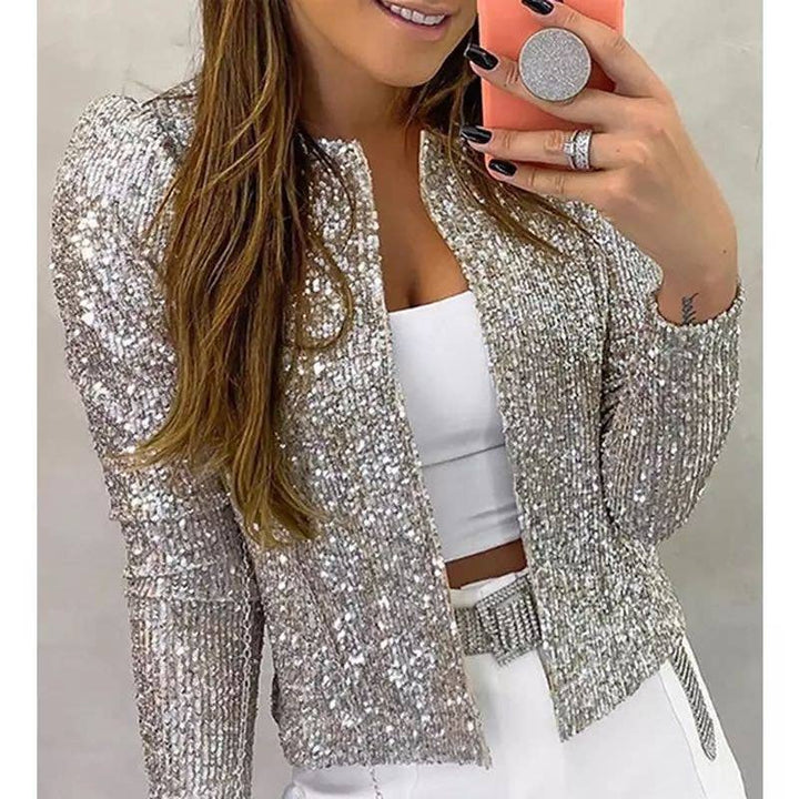 Sequin cropped cardigan jacket: Champagne / L