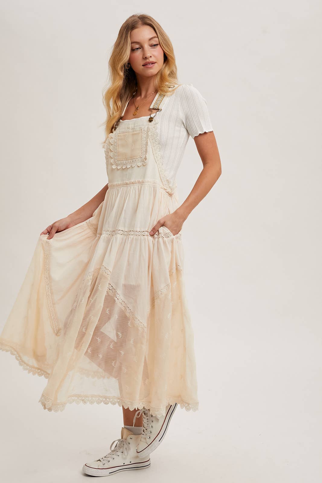 LACE EMBROIDERED TULLE BIB MAXI DRESS: ASH / S