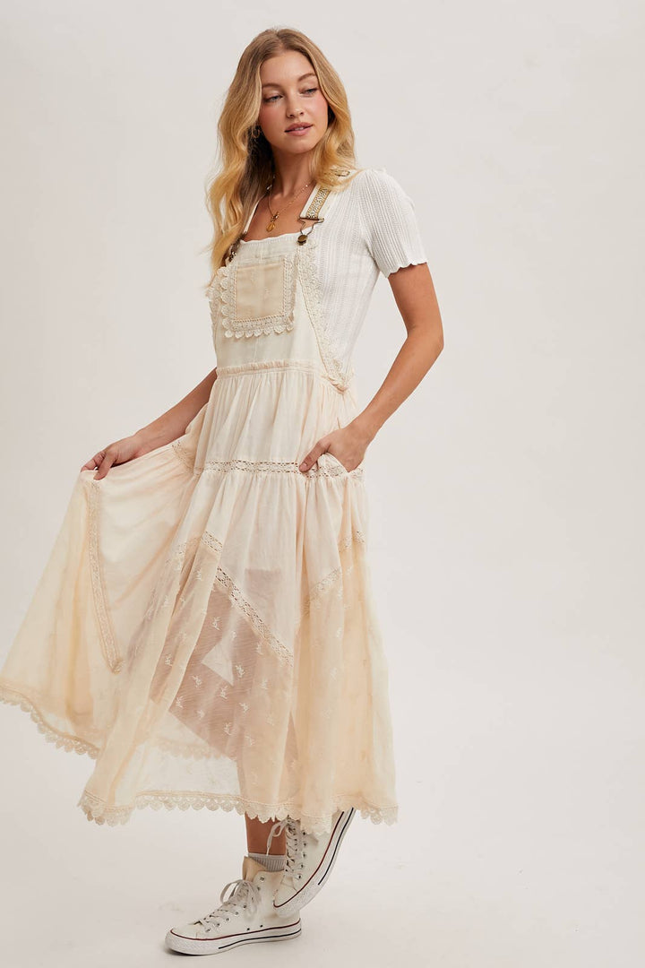 LACE EMBROIDERED TULLE BIB MAXI DRESS: ASH / L