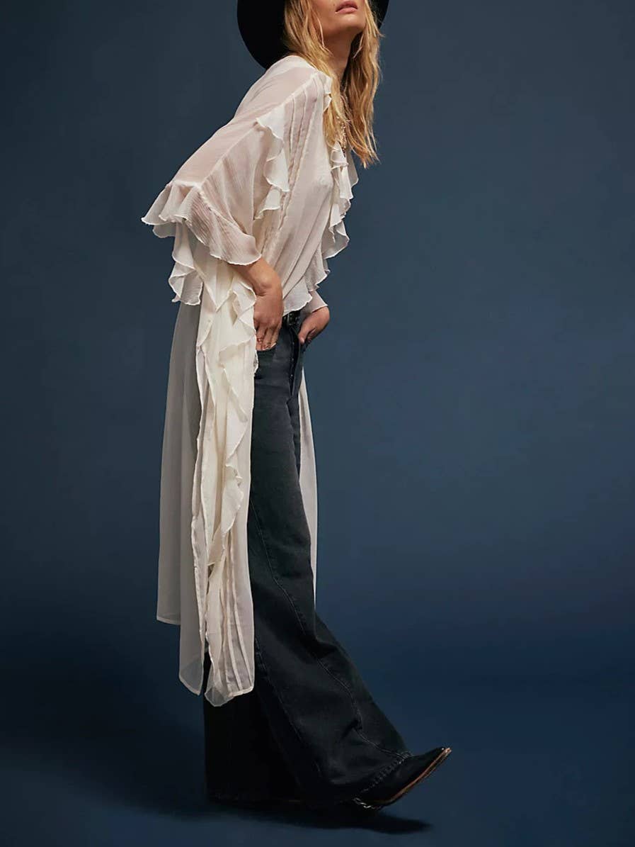 Boho lightweight sheer ruffle maxi top duster kimono jacket: OffWhite / M