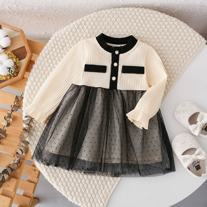 Arrival Autumn Girls Argyle Pattern Crew Neck Long Sleeves Tulle Patchwork Princess Dress: Black / 80 (9-12M)