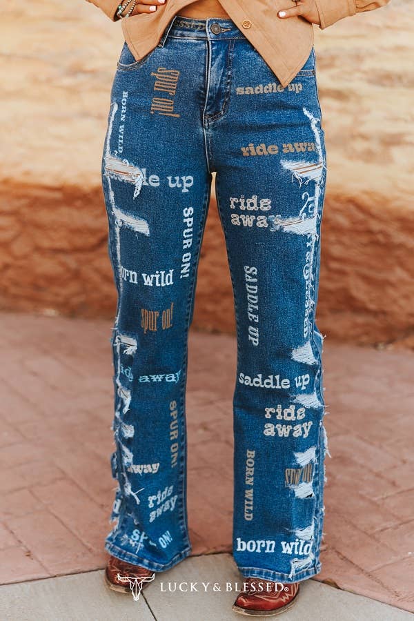 Dark Wash Western Printed High Rise Wide Leg Jeans