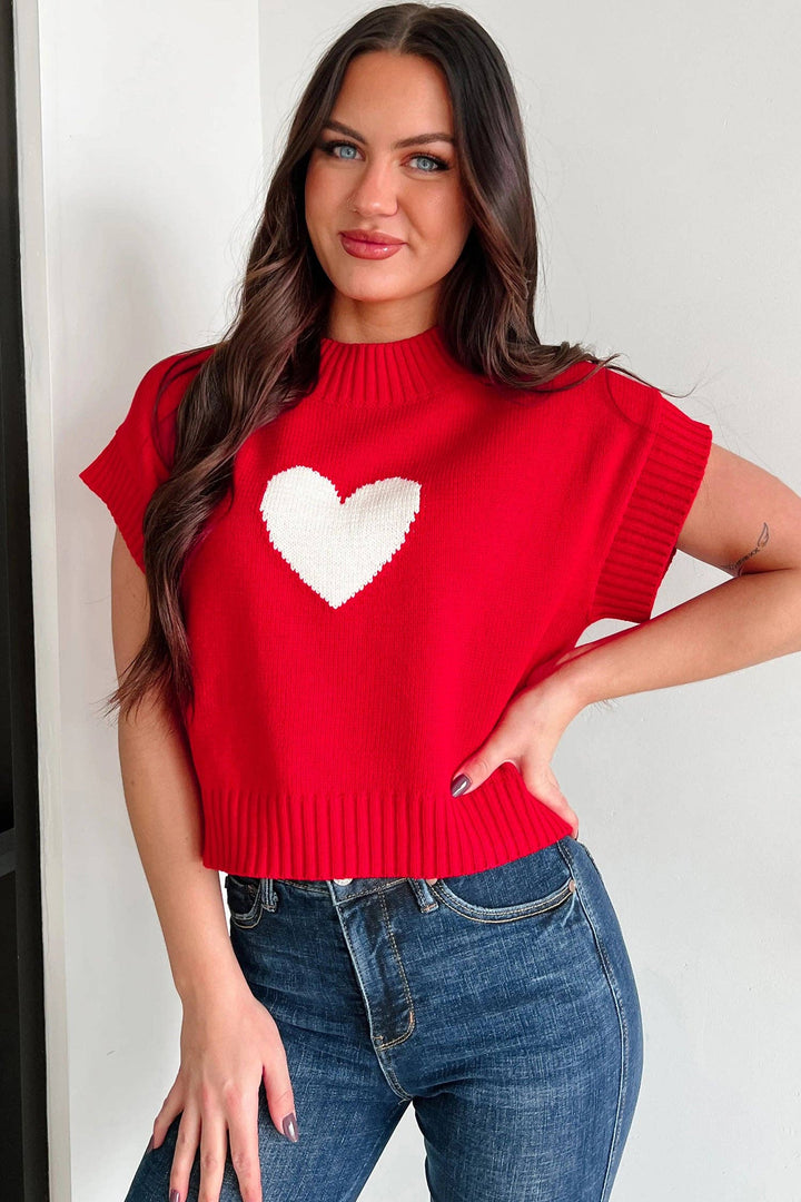 Fiery Red Valentine Heart Graphic Cropped Short Sleeve Sweater: Fiery Red / 52%Viscose+26%Polyester+22%Polyamide / L
