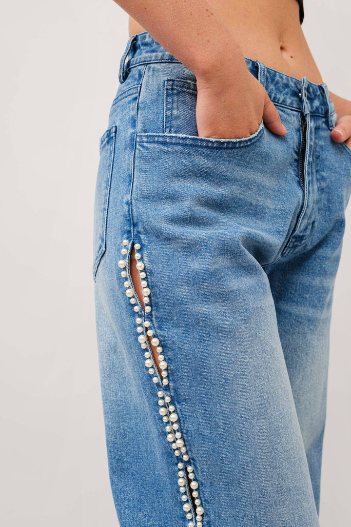 23423P - Pearl Embellished Cut Out Sides Jeans: MED WASH / L