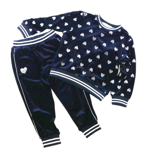 A30 14166 Silver Heart Velvet Tracksuit Set (2 Colors): CORAL / 2-2-2;4-5-6