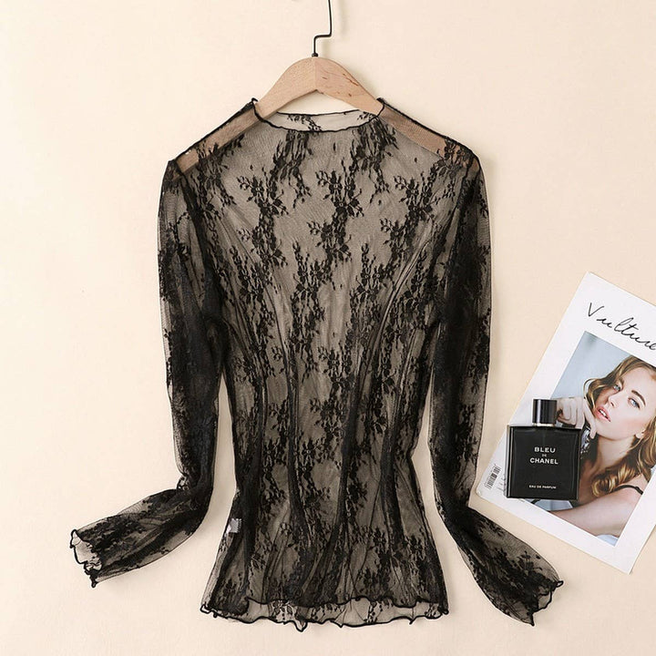 Sexy Mesh Blouse - Long Sleeve Lace Top for Women_CWTBLL3619: Black