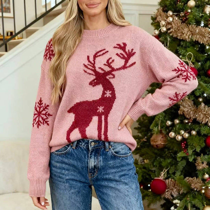 Christmas Deer Jacquard Round Neck Knit Sweater: Camel / L