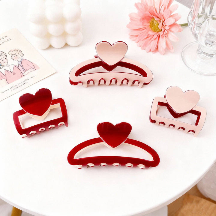 Valentine Heart Colorblock Hair Claw Clip for Women: Red / 5.9CM