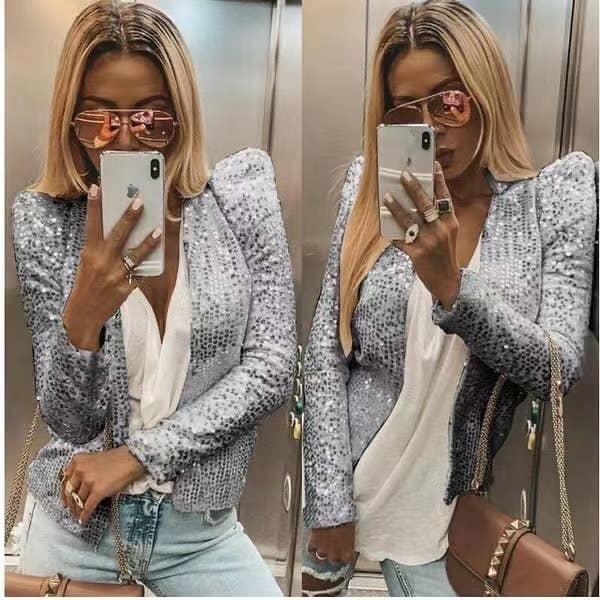 Sequin cropped cardigan jacket: Champagne / M