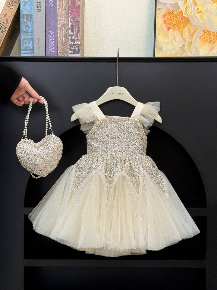 Sparkly Champagne Layered Party Girls Dress with Bag
