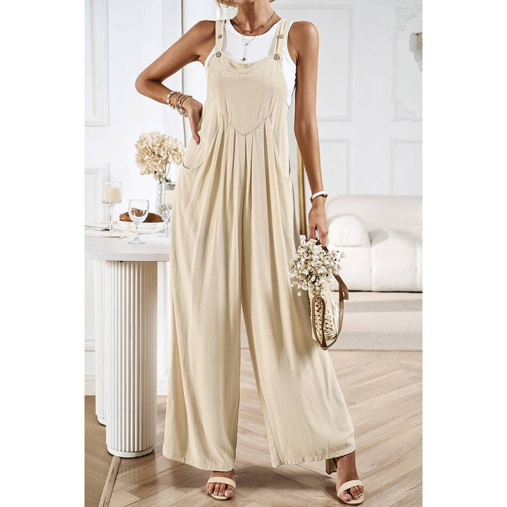 Button Detail Wide Leg Overall Pockets Jumpsuit: BEIGE / M