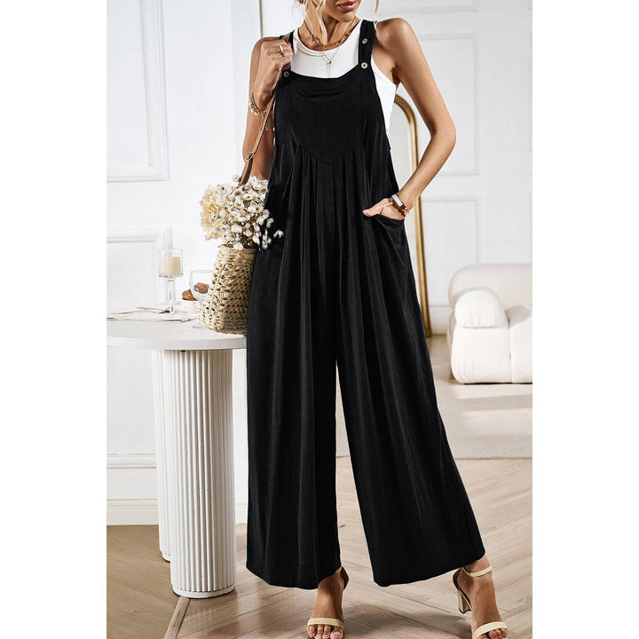Button Detail Wide Leg Overall Pockets Jumpsuit: BEIGE / M