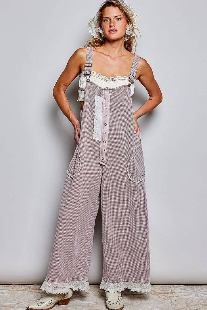 Thermal Cotton Lace Rib Placket Metal Snap Wide Leg Overall