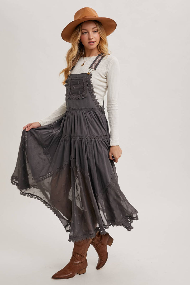 LACE EMBROIDERED TULLE BIB MAXI DRESS: ASH / M