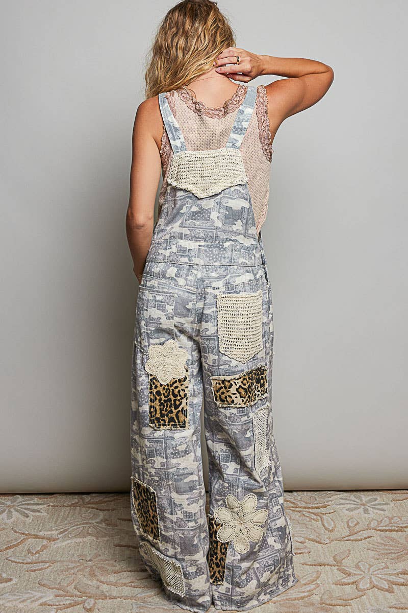 Crochet Contrast Patch Detail Chest Pocket Woven Overalls