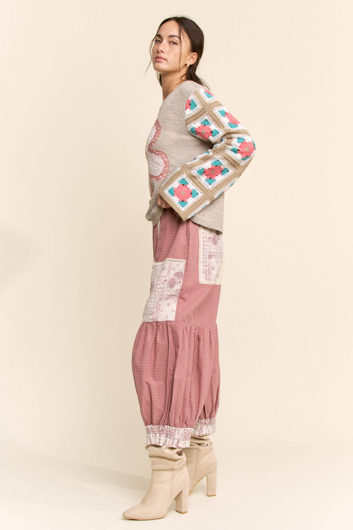 CONTRAST PATCHWORK BLOOMER PANTS: Rose Pink
