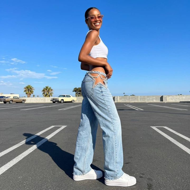 Star Detail Bleached Baggy Jean Pants