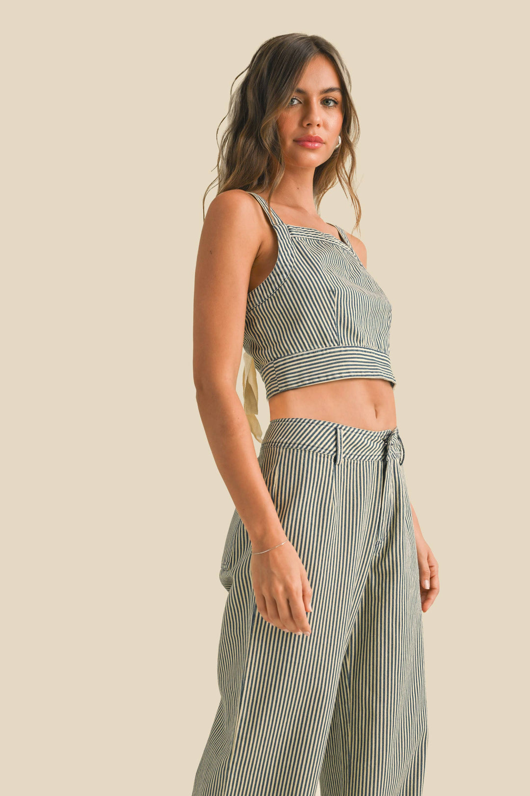 BLUE STRIPED TIED IN BACK TOP