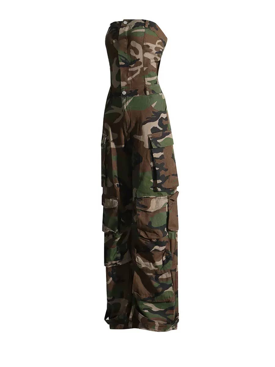Camouflage Strapless Wide Leg Jumpsuit
