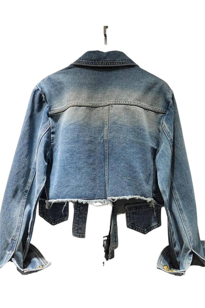 Fringe Embellished Denim Jacket: LIGHT BLUE