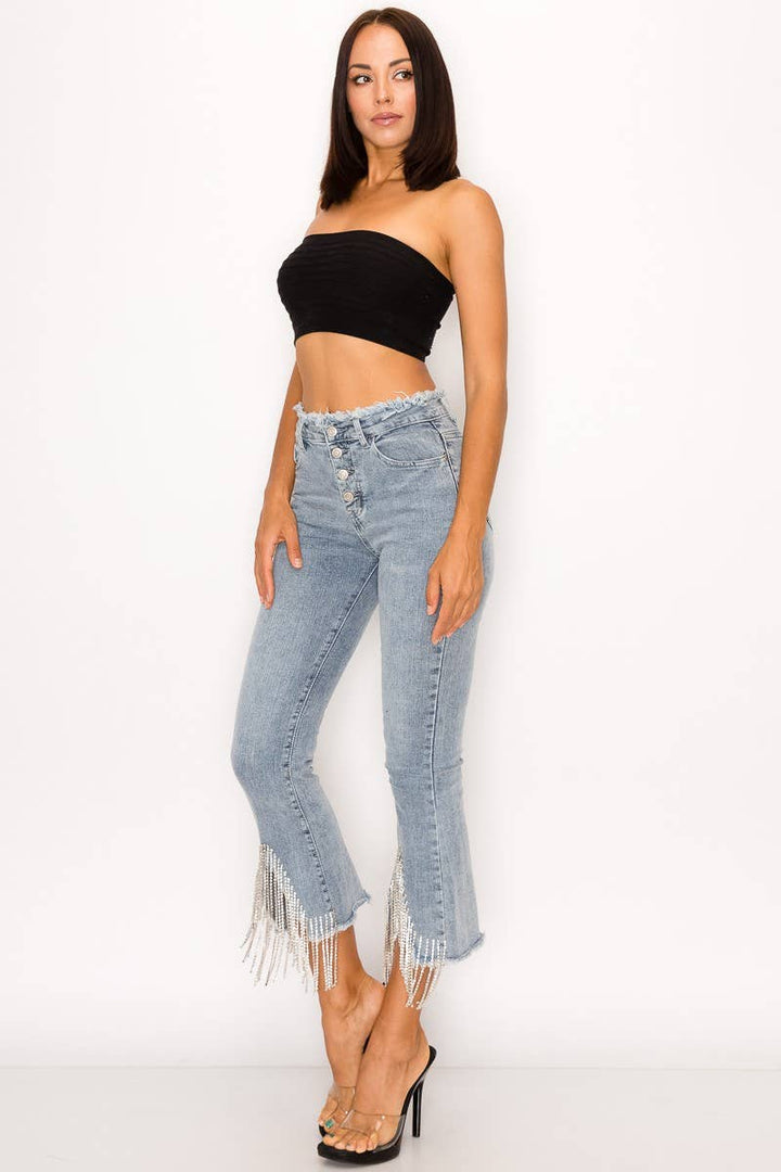 1365P - RHINESTONE FRINGE DENIM PANTS: BLACK / MEDIUM