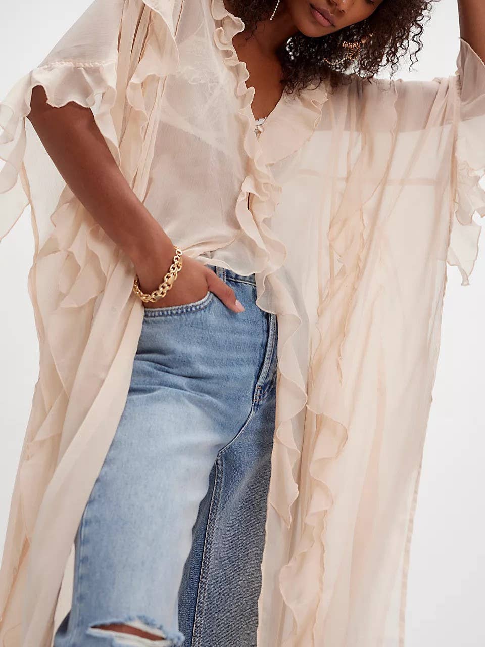 Boho lightweight sheer ruffle maxi top duster kimono jacket: OffWhite / M