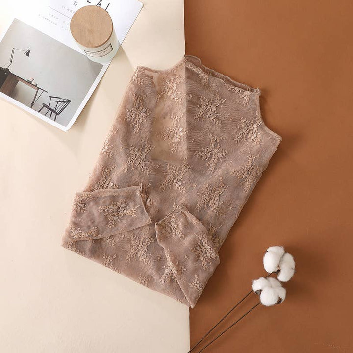 Floral Lace Sheer Mesh Layering see through Top: Beige / M