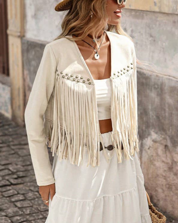 Studded Faux Suede Fringe Western Boho Jacket: Brown / S