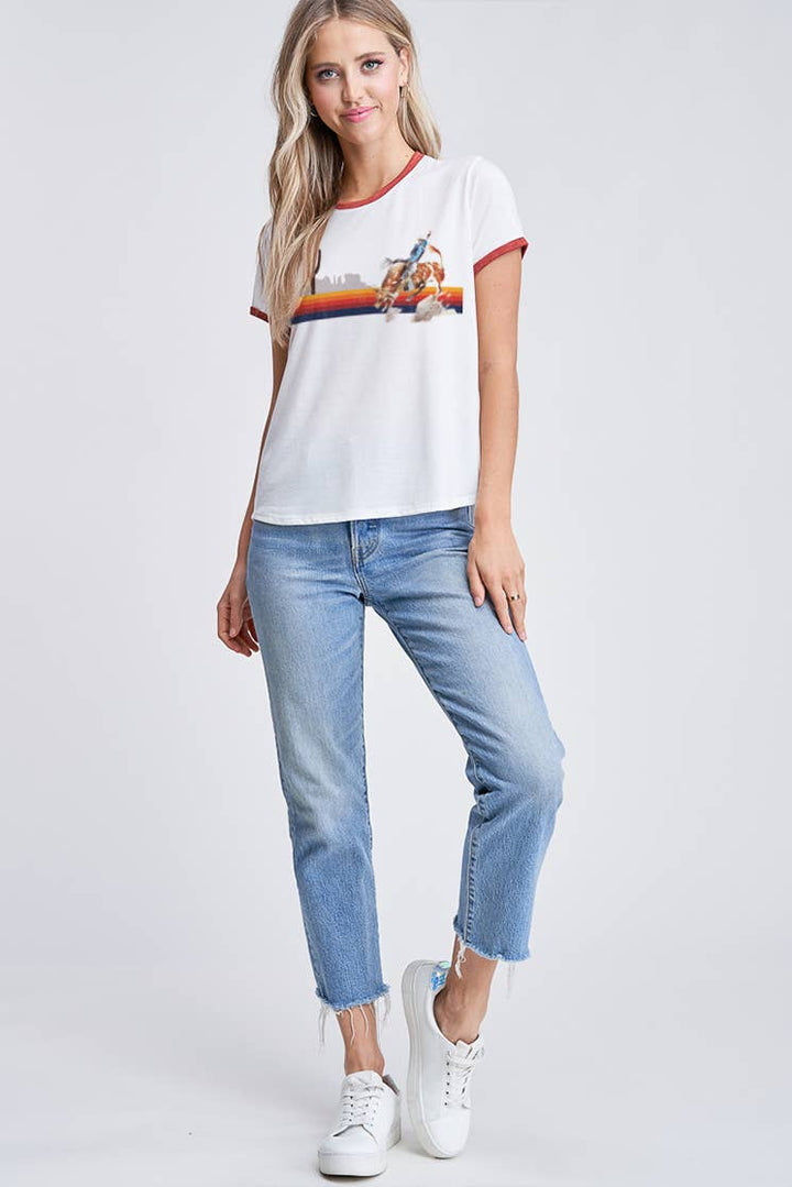 T701G9019 - Casual Stripe Rodeo Ringer Women's Tee: Ivory/Rust / M