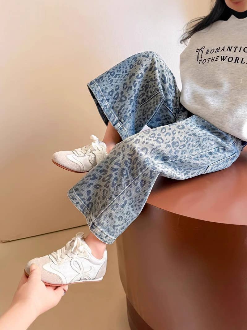 Girls' Blue Leopard Print Denim Wide-Leg Pants (JEANS): Blue / English / 6