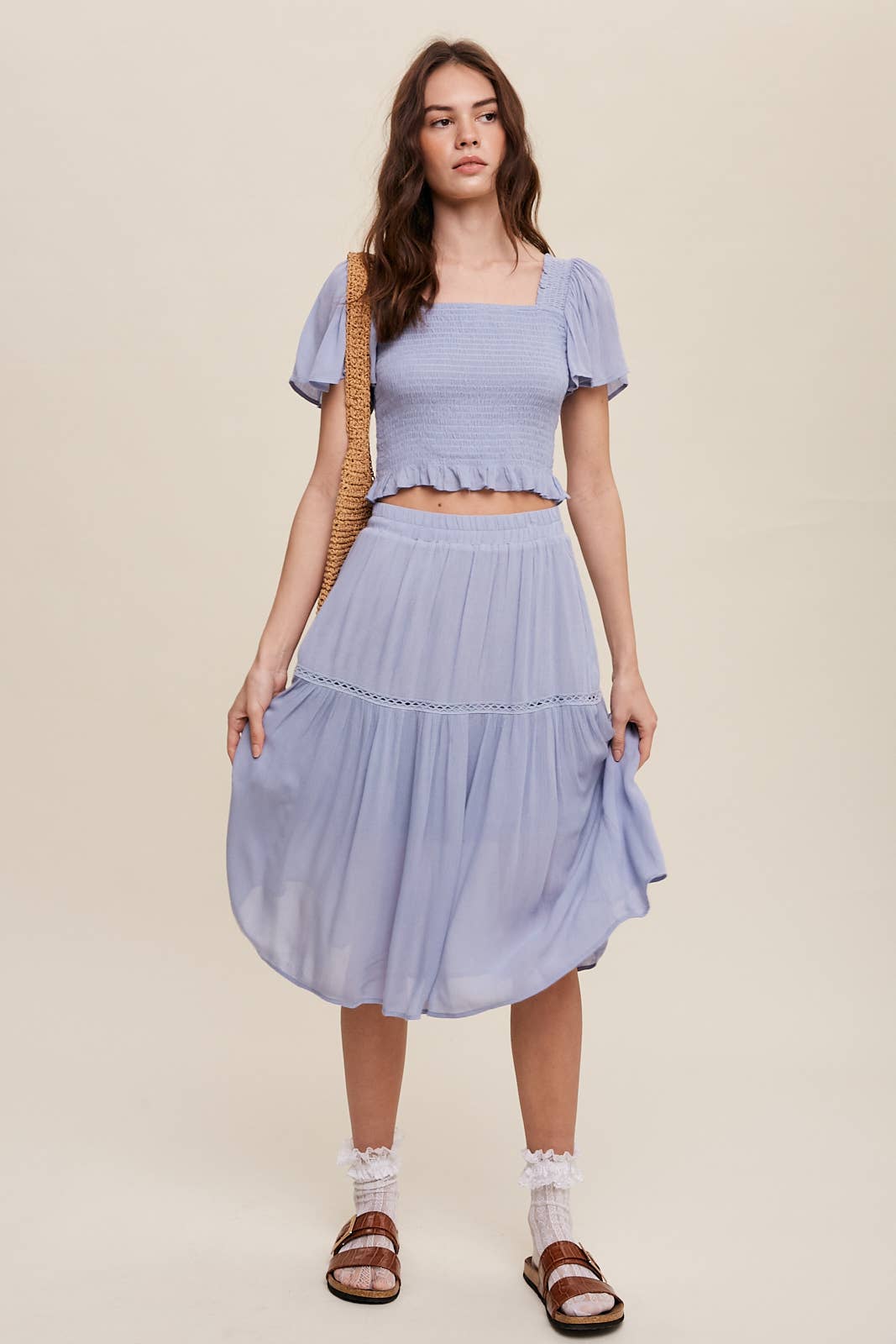 Smocked Crop Top & Tiered Midi Skirt Set: Gray