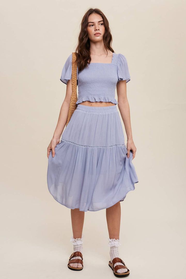 Smocked Crop Top & Tiered Midi Skirt Set: Gray