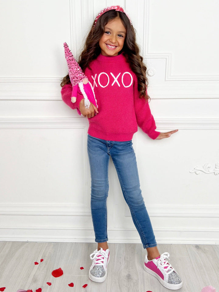"XOXO" Embroidered Chunky Knit Sweater: Pink / 2T