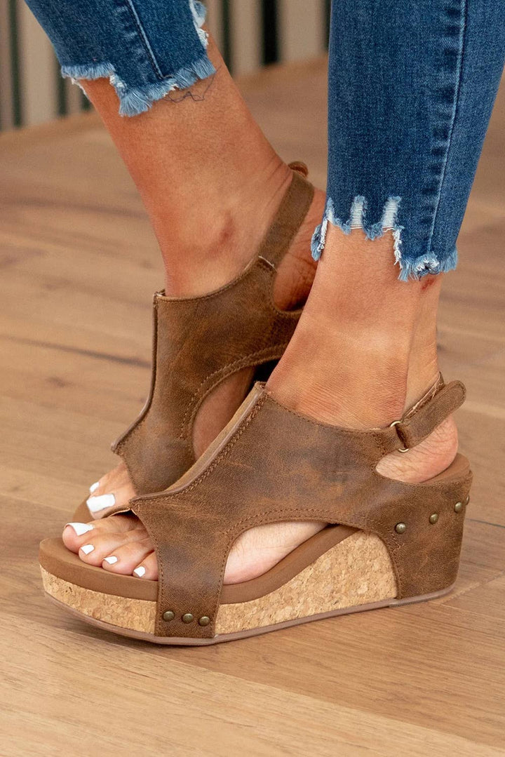 Vintage Leather Stitching Studded Wedge Sandals: Gray