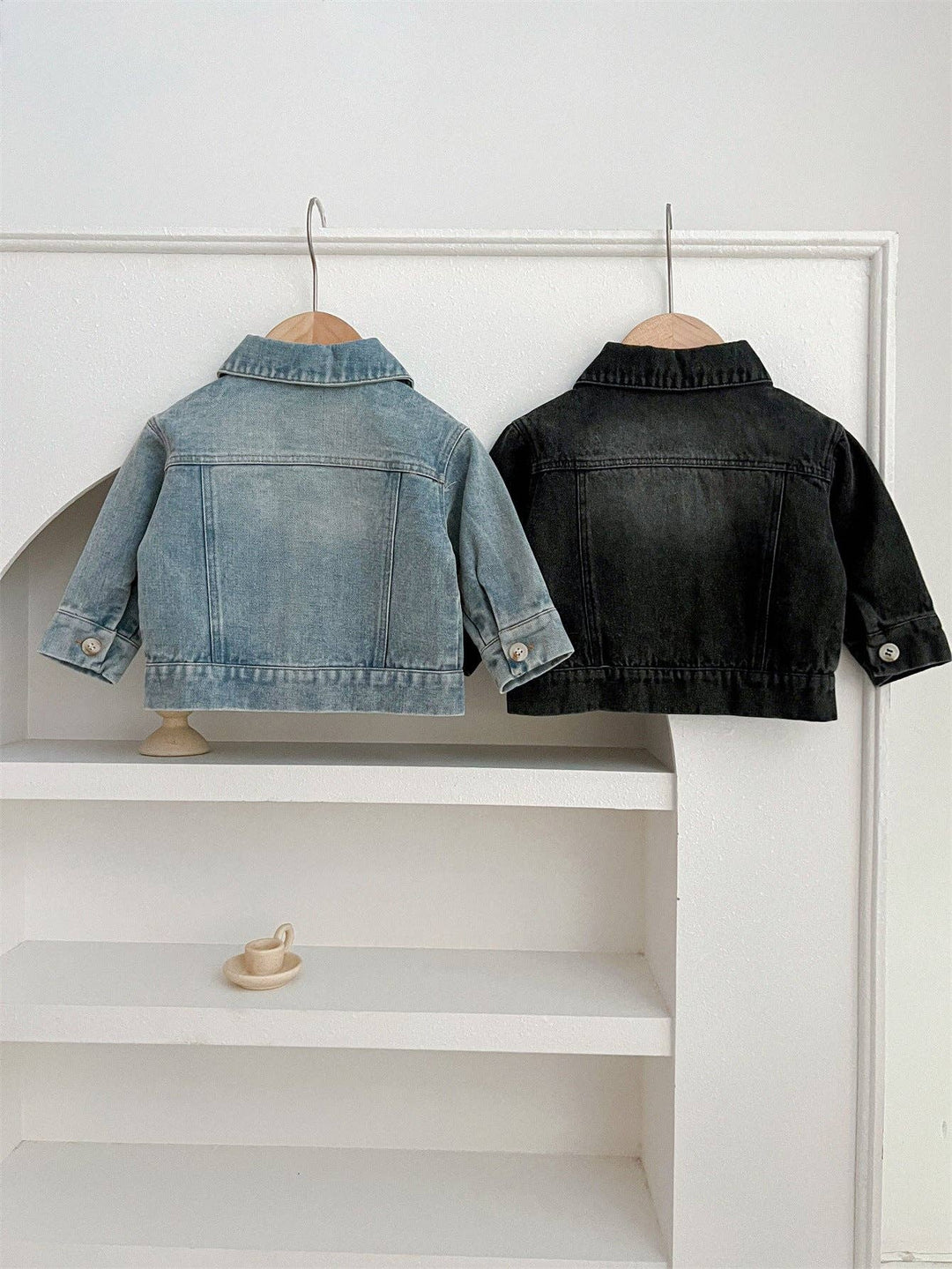 Baby Kids Button Front Design Washed Style Turndown Collar Denim Jacket Coat: Black / 110 (3-5Y)