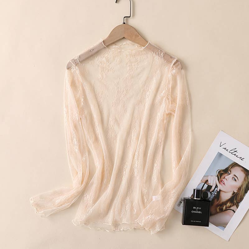 Semi Sheer Mesh Floral Lace Layering See Through Top: Caramel / XL