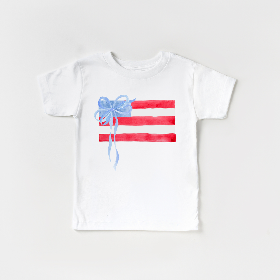 American Flag and Bow Girl 4th of July Kids Shirt: Ice Blue
