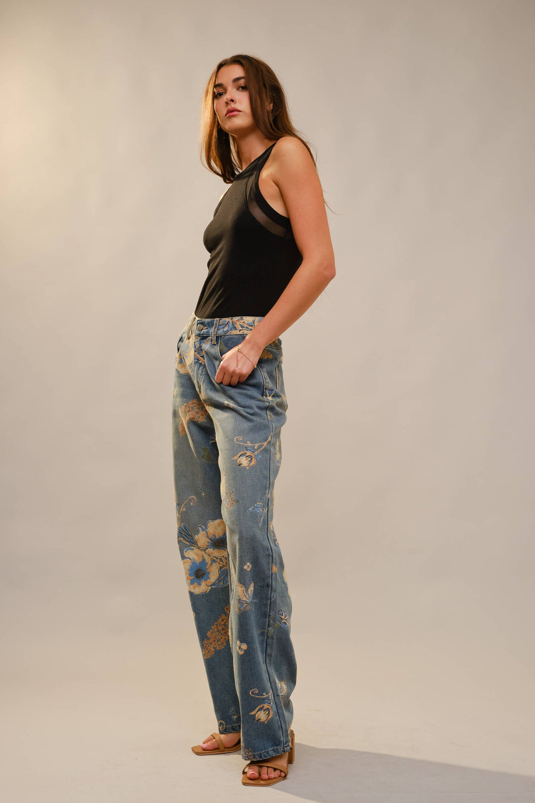 91690P Floral Print Wide Leg Jeans: DENIM MULTI / S-M-L