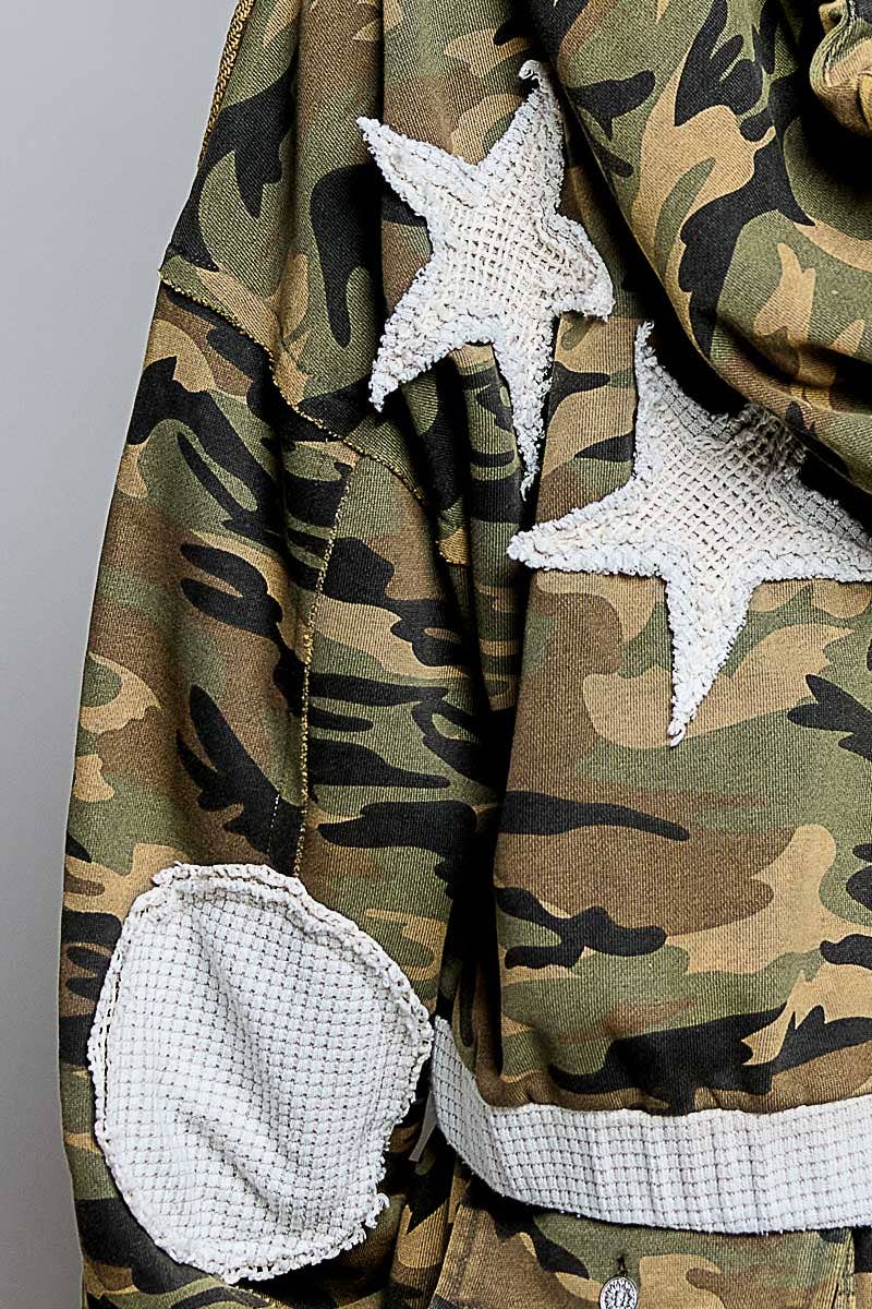 Vintage Washed Floral Star Patch Cropped Zip Hoodie