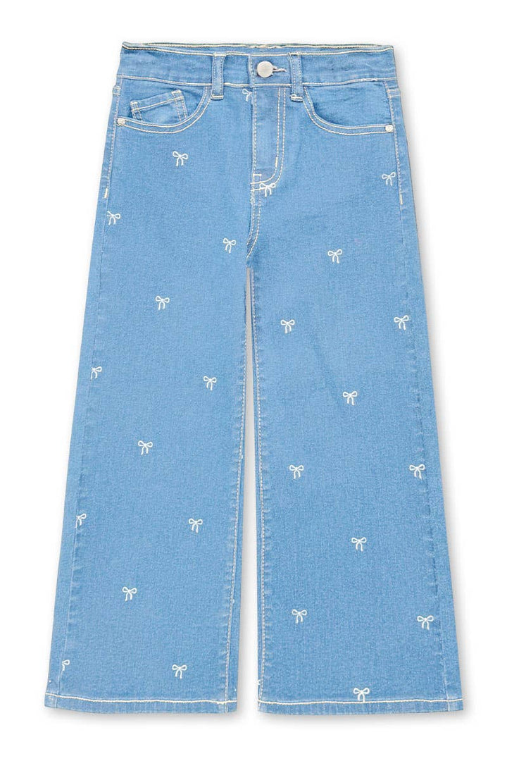 GDP-M26-89469A Girl's Wide Leg Bow Print Denim Jean: Medium Denim