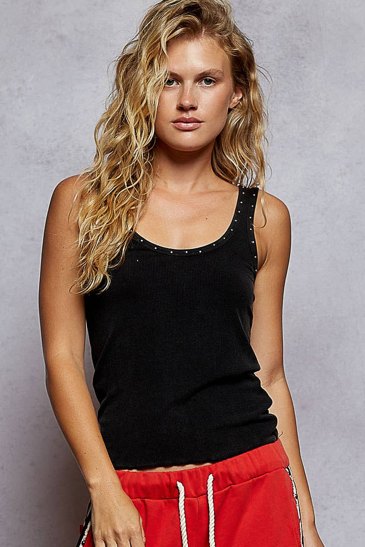Sleeveless Ribbed Metallic Stud Basic Tank Top: WALES GREY
