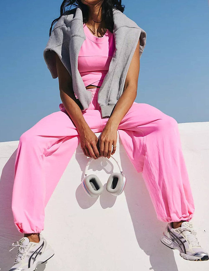 Ladies Solid Color Crop Top and Pants Set SKST379: Black / S