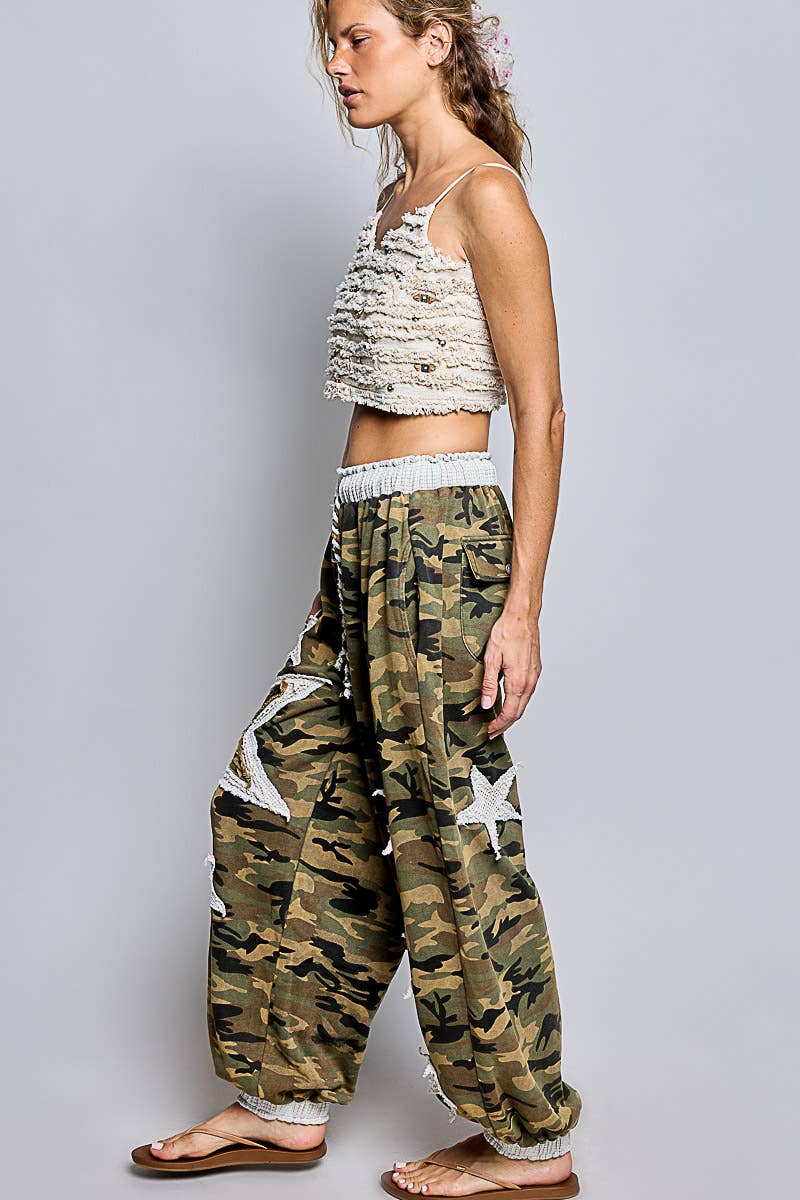 Vintage Floral Camo Star Patch French Terry Wide-Leg Pants