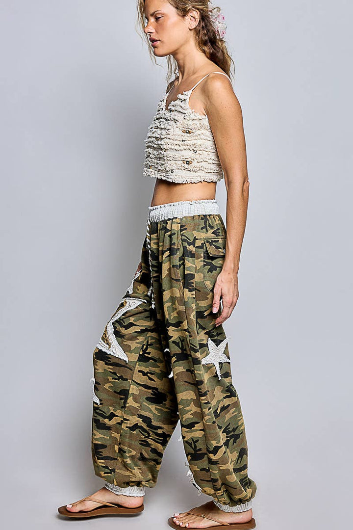 Vintage Floral Camo Star Patch French Terry Wide-Leg Pants
