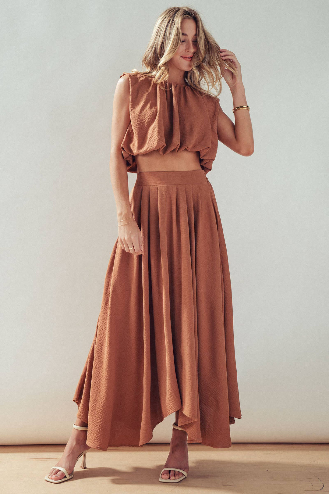 High-Waist Pleated High-Low Maxi Skirt