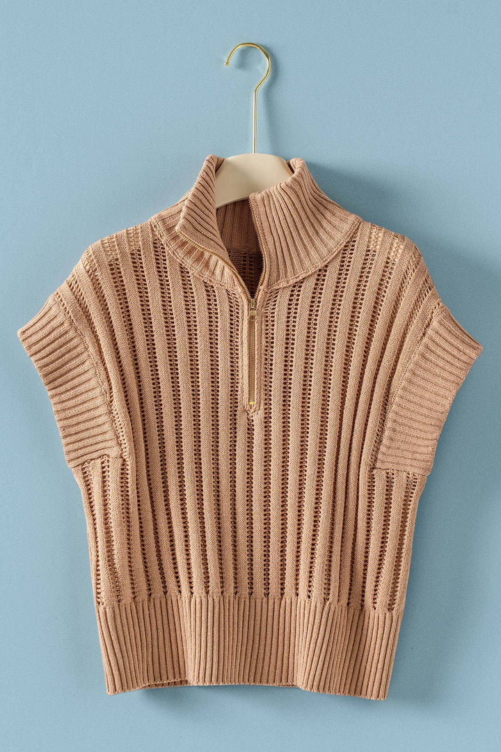 Ribbed Knit Half-Zip Mock Neck Sweater Vest: Mocha / SM-ML:3-3