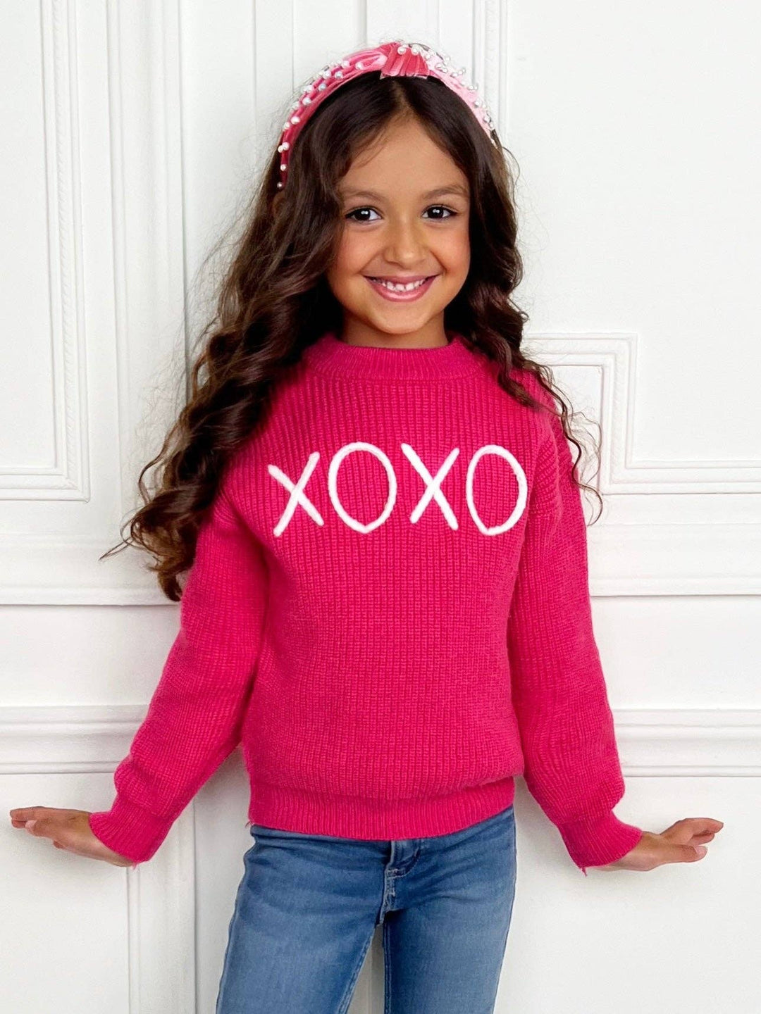 "XOXO" Embroidered Chunky Knit Sweater: Pink / 2T