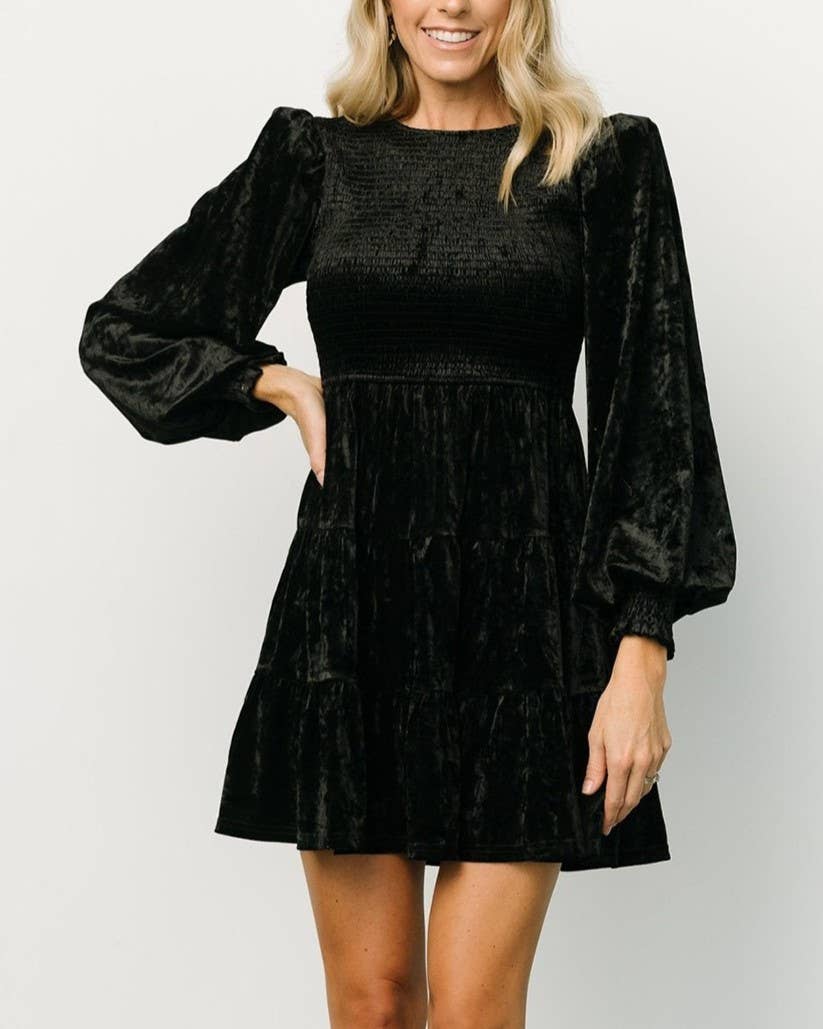 Velvet Ruffled Crewneck Dress: Brown / S