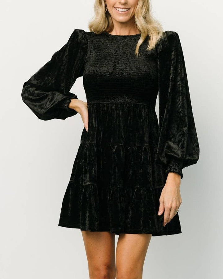 Velvet Ruffled Crewneck Dress: DarkGreen / S
